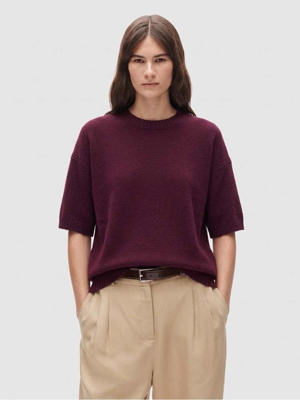 J. Crew Lambs Wool Oversized Sweater Tee Shirt Short Sleeve Size XS Burgundy